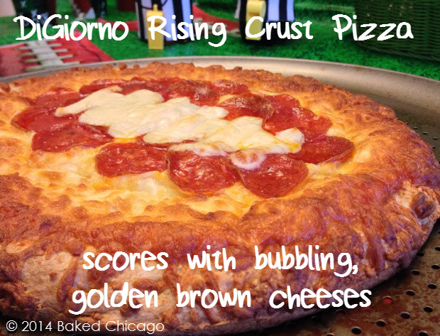 DiGiorno Rising Crust Piza scored with bubbling, golden brown cheeses