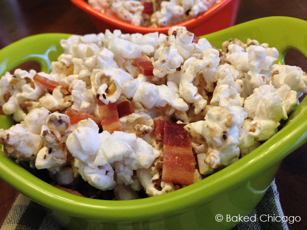 pecorino romano peppered popcorn with butter balsamic and bacon